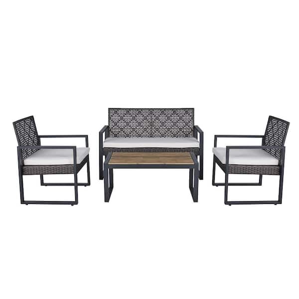 Unbranded Brown 4-Piece Wicker Outdoor Dining Set Garden Backyard Lawn Furniture with Acacia Wood Table Top and Beige Cushions