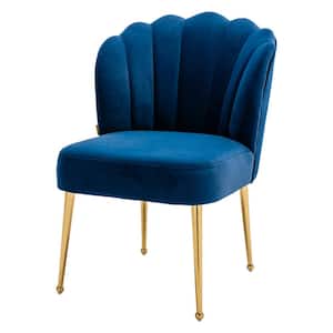 Navy Blue Modern Seashell Design Velvet Golden Legs Side Chair with Adjustable Foot Nails