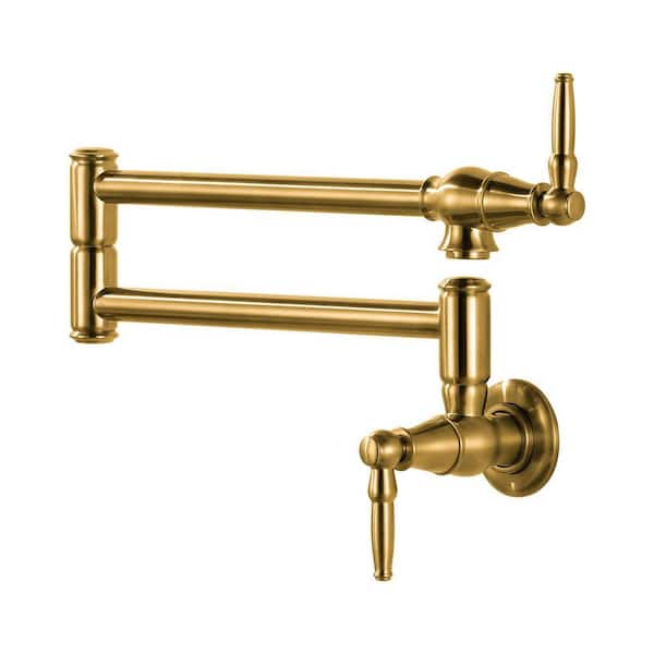 Wall Mounted Pot Filler 2-Handles Kitchen Faucet with 360° Spout Swivel in Brushed Gold