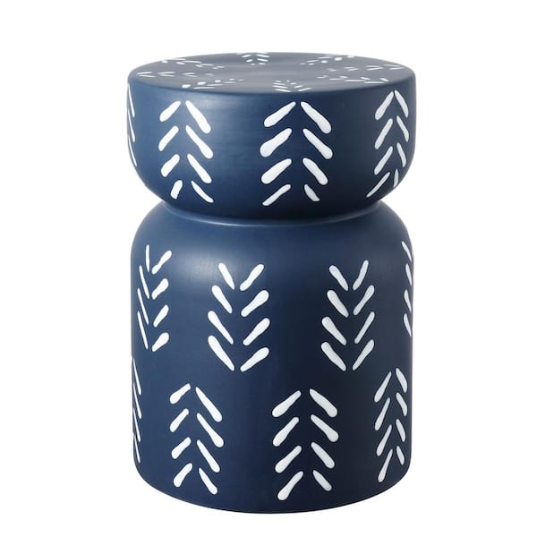 JONATHAN Y Kiri 18 in. Modern Bohemian Arrow Pattern Drum Indoor/Outdoor Garden Stool, Navy/White