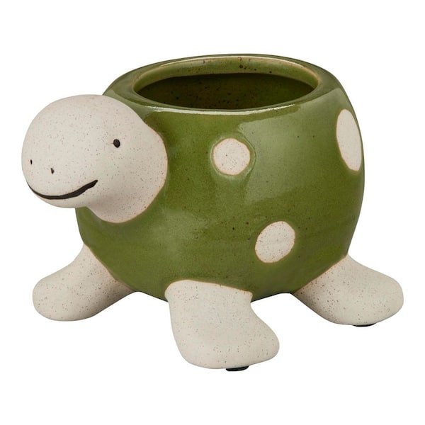 Turtle Small Green Indoor Ceramic Planter with Drainage Holes (5.51 in. L x 3.5 in. W x 3.54 in. H)