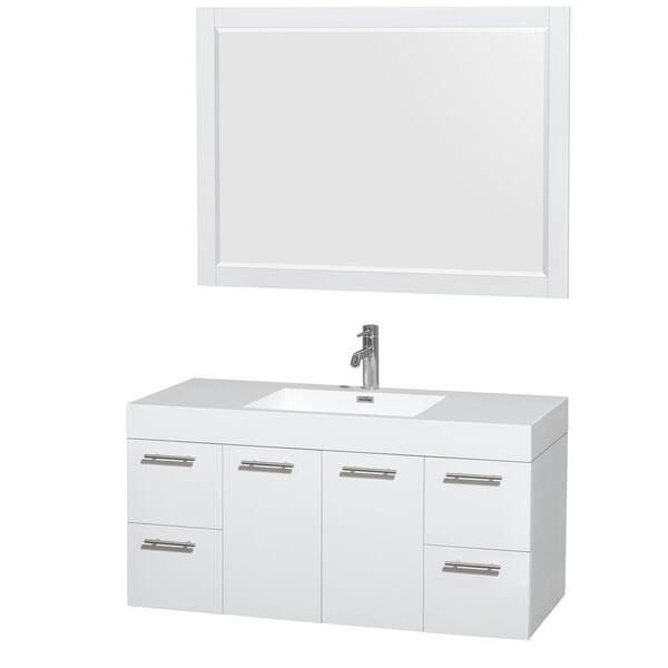 Wyndham Collection Amare 47 in. Vanity in Glossy White with Acrylic-Resin Vanity Top in White, Integrated Sink and 46 in. Mirror