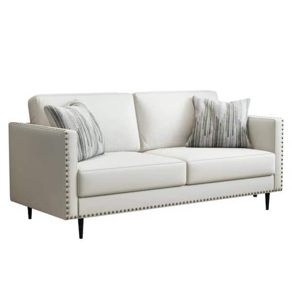 Bestier 72.8 in. Wide Square Arm Faux Leather Mid-Century Modern 2 Pillows Loveseat Sofa with Nailhead Trim in White