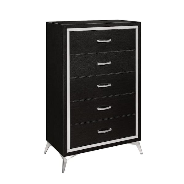 Benjara Black and Chrome 5 drawer 31.42 in. Wide Dresser with Mirror