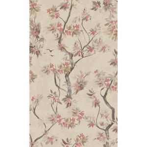 Taupe and Red Wild Blossoming Tree Tropical Wallpaper with Non-Woven Material Non-Pasted Covered 57 sq. ft. Double Roll