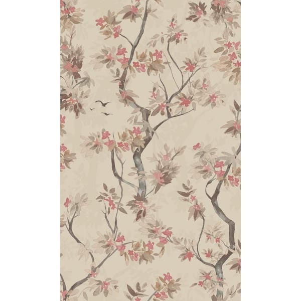 Walls Republic Taupe and Red Wild Blossoming Tree Tropical Wallpaper ...