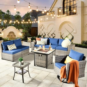 Crater Grey 9-Piece Wicker Patio Fire Pit Conversation Sofa Set with a Swivel Rocking Chair and Navy Blue Cushions