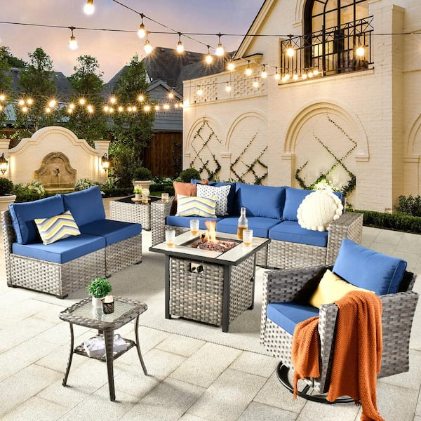 HOOOWOOO Crater Grey 9-Piece Wicker Patio Fire Pit Conversation Sofa Set with a Swivel Rocking Chair and Navy Blue Cushions