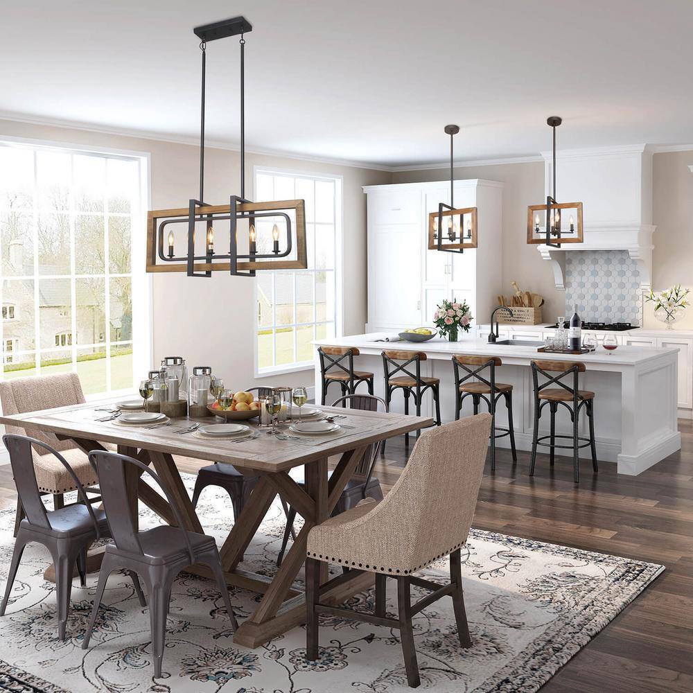 Rustic Wood & Iron 4-Light Black Candelabra Pendant Chandelier