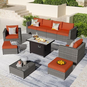 Ontario Lake Gray 10-Piece Wicker Outdoor Patio Rectangular Fire Pit Sectional Sofa Set with Orange Red Cushions