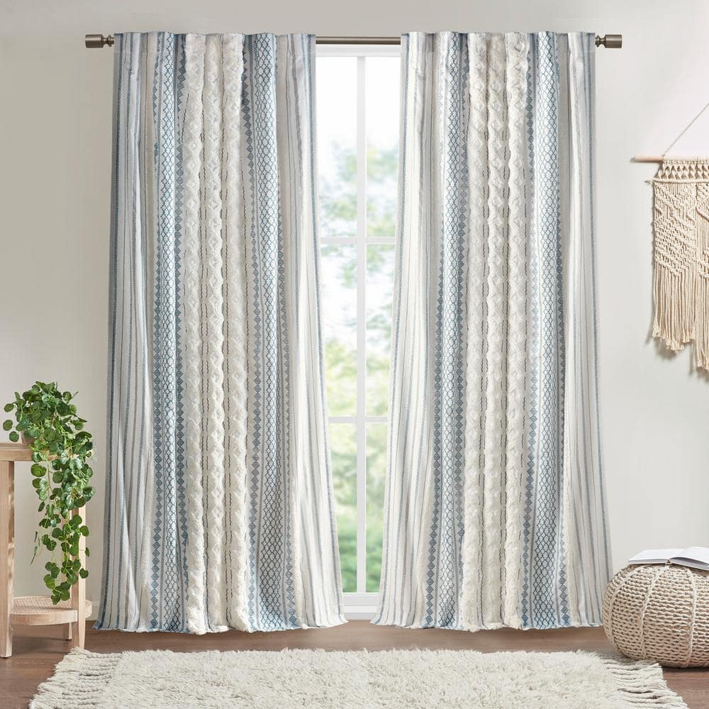Ground Length Off-White and Navy Cotton Window Panel