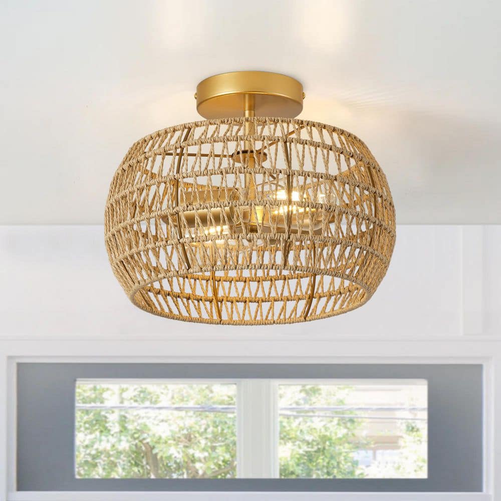 aiwen Farmhouse 12.59 in. 2-Light Rattan Hand-Woven Boho Semi-Flush Mount Ceiling Light C-NW-3830