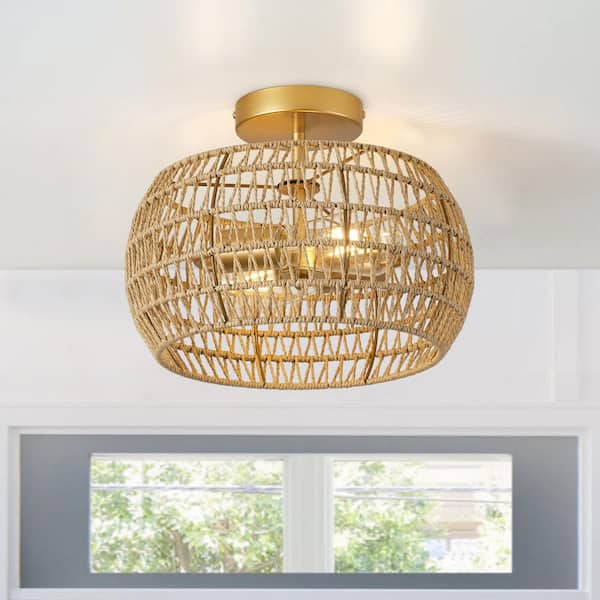 aiwen Farmhouse 12.59 in. 2-Light Rattan Hand-Woven Boho Semi-Flush Mount Ceiling Light