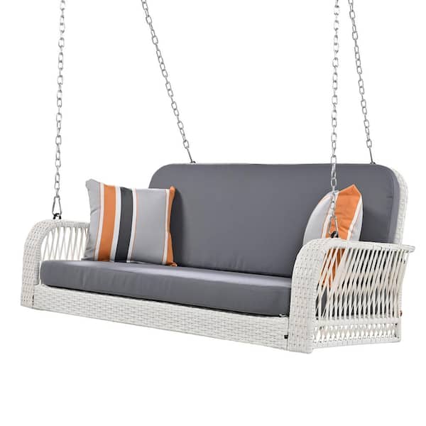 JimsMaison 48.81 in. 2-Person Wicker Hanging Porch Swing with Gray Cushions