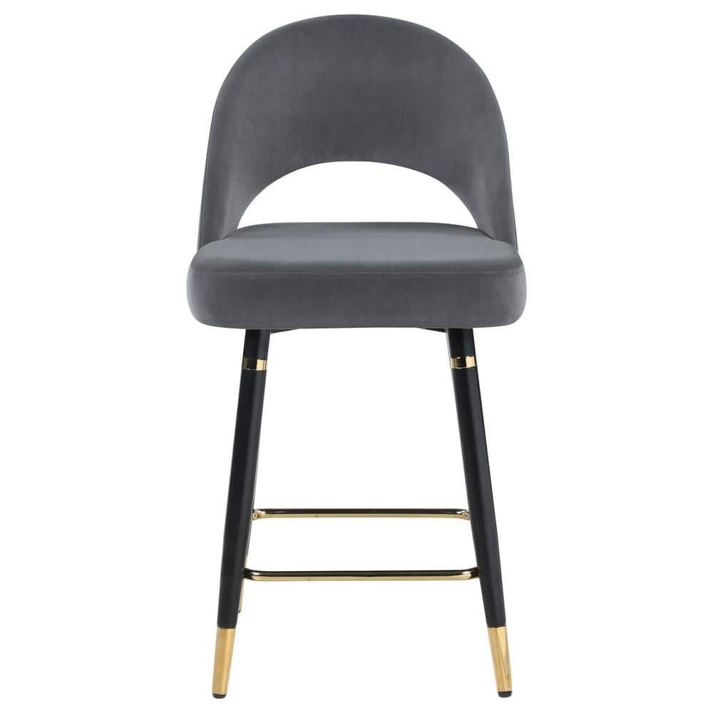 Gray Velvet Upholstered Arched Back Counter Stools with Gold Accents