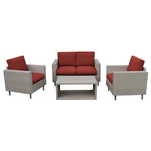 Tybee 4-Pieces Wicker Patio Conversation Set with Red Cushions