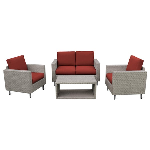 Leisure Made Tybee 4-Pieces Wicker Patio Conversation Set with Red Cushions