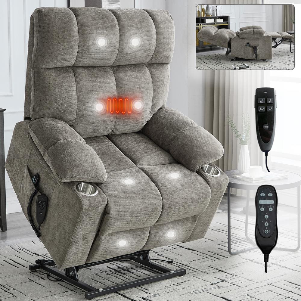 Grey Premium Dual Motor Chenille Power Lift Recliner with Massage and Heat,