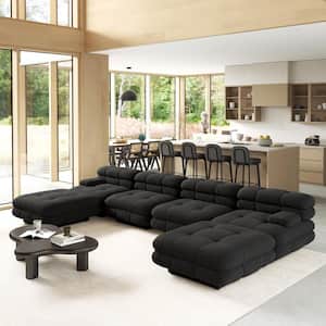 Vintage 146 in. Square Arm 6-Piece Velvet Curved Soriana Sectional Sofa with Ottomans in Black