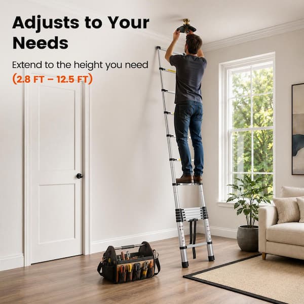 12.5 ft. Aluminum Portable Telescoping Extension Ladder with 300 lbs. Load Capacity Type IA Duty Rating for Home Outdoor