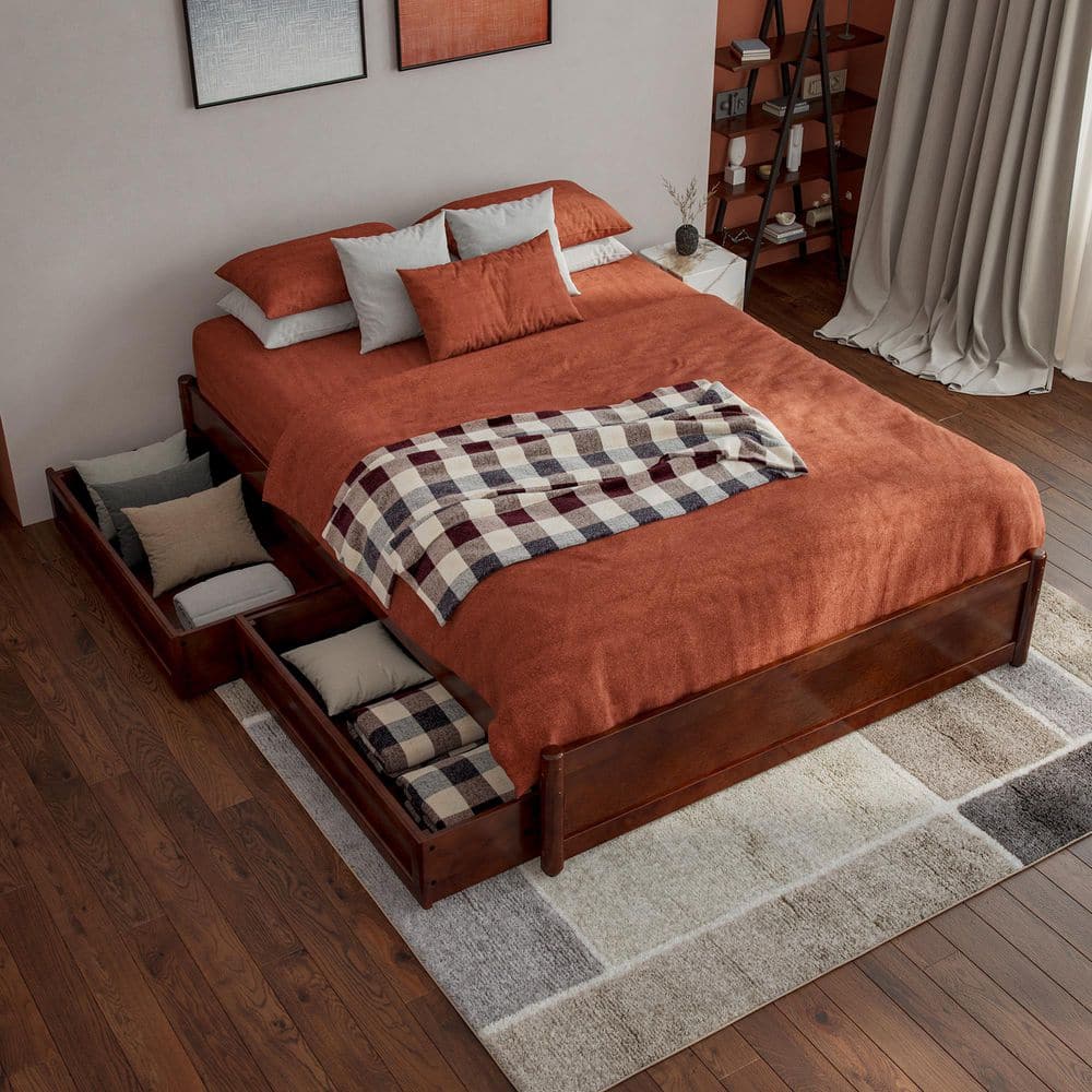 Barcelona Walnut Full Wood Panel Platform Bed with Storage Drawers