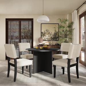 5-Piece Round Black Wood Top Dining Set with 4 Upholstered Chairs, Nail Head Trim