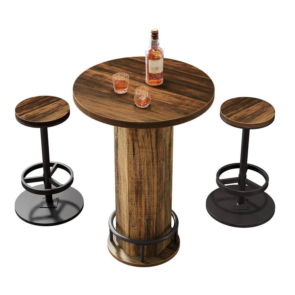 "Kearsten Brown 37.8"" H Round Wood Bar Table with 2-Barstools, Industrial Bar Table Set of 2" price history on PriceWatchPro