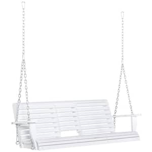 440 lbs Weight Capacity 3-Person Metal Patio Porch Swing Bench with Folding Coffee Table Cup Holders and Chains, White