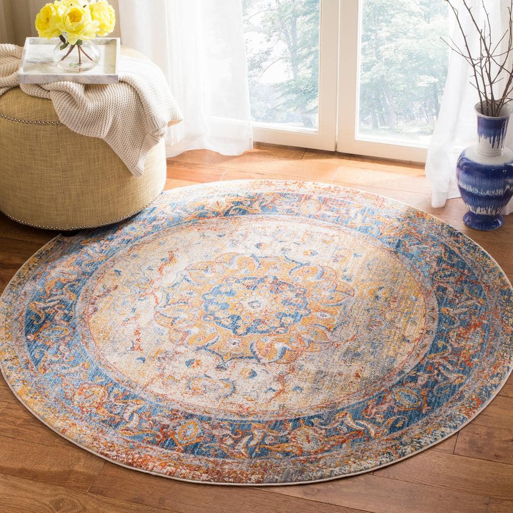 Vintage Blue Round Synthetic Easy Care Area Rug