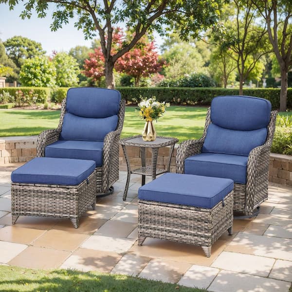 NovaSwivel Gray 5-Piece Wicker Patio Conversation Set Outdoor Swivel Glider with 6 in. Thick Blue Cushions and Ottoman