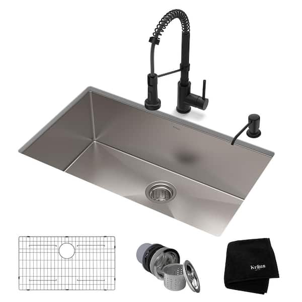 KRAUS Standart PRO 30 in. Undermount Single Bowl 16 Gauge Stainless Steel Kitchen Sink with Faucet in Matte Black