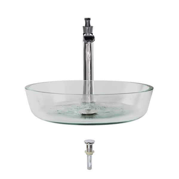 MR Direct Glass Vessel Sink in Clear with 731 Faucet and Pop-Up Drain in Chrome