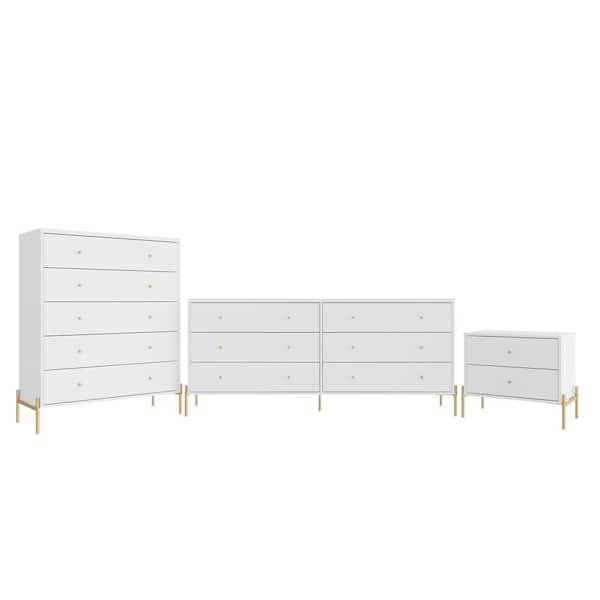 Manhattan Comfort Jasper White 5 Drawer Tall Dresser, 6 Drawer Double Wide Dresser and 2 Drawer Nightstand (Set of 3)