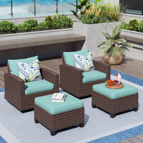 PHI VILLA Brown Rattan Wicker 4 Seat 4-Piece Steel Patio Outdoor Sectional Set with Blue Cushions,2 Swivel Chairs,2 Ottomans