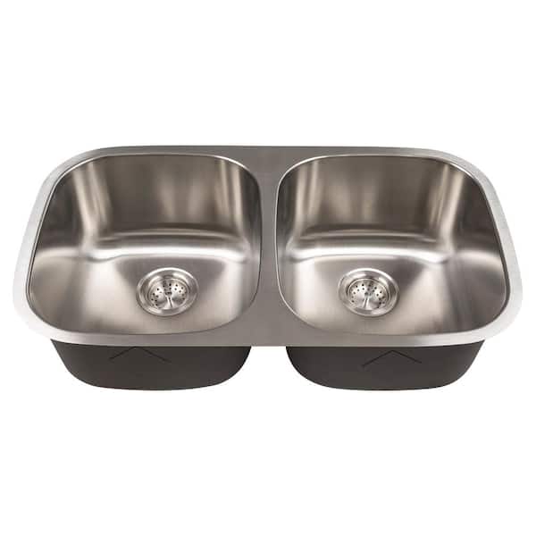 32 in. Undermount 50/50 Double Bowl Handcrafted 18 Gauge Satin Stainless Steel Kitchen Sink with Strainer