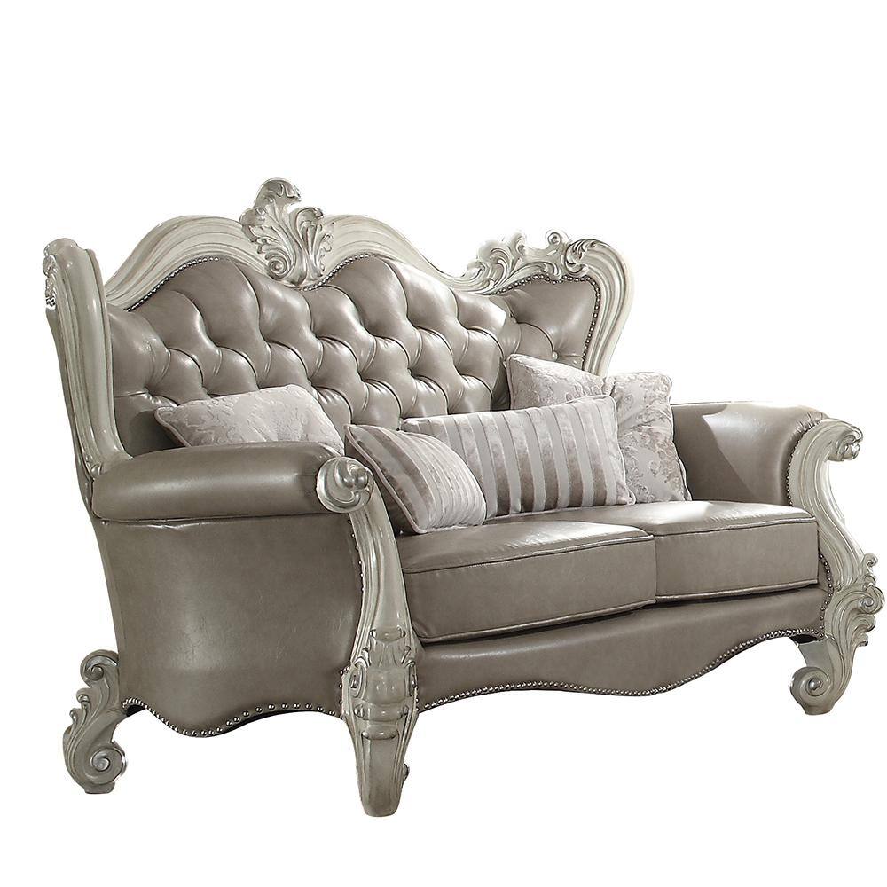 Vintage Gray Leather Tufted Loveseat with Bone White Wood
