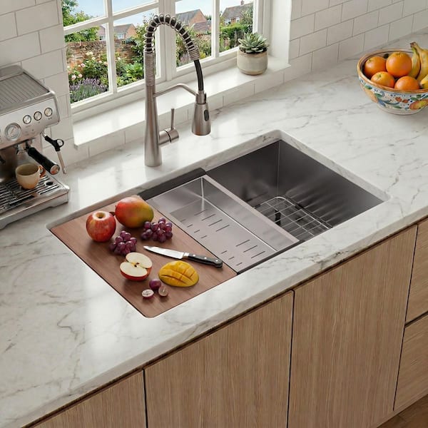 32 in. Undermount Single Bowl 16-Gauge Brushed Stainless Steel Kitchen Workstation Sink with Accessories