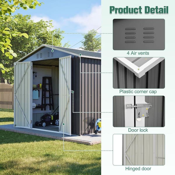 8 ft. W x 12 ft. D Gray Metal Outdoor Storage Shed with Lockable