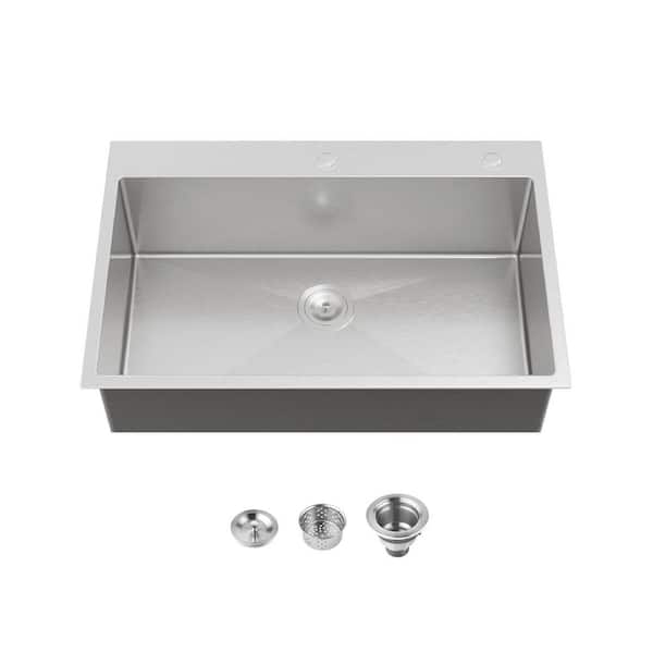 33 in. Drop-In Single Bowl 18-Gauge Overmount Brushed Nickel Stainless Steel Topmount Kitchen Sink with Basket Strainer