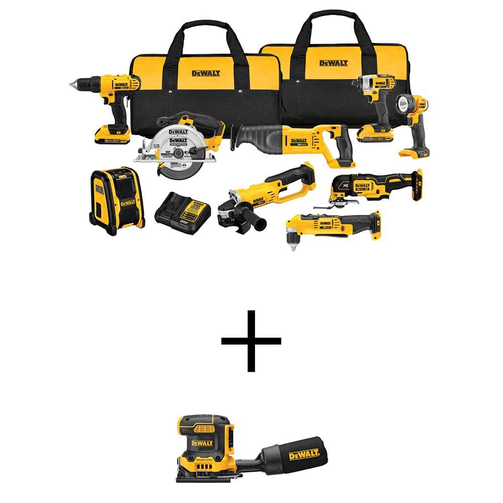 DEWALT 20V MAX Cordless 9 Tool Combo Kit and Brushless 1/4 Sheet Variable Speed Sander with (2) 20V 2.0Ah Batteries and Charger