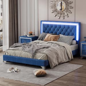 Blue Wood Frame Full Size Velvet Platform Bed with Tufted Headboard and LED Lights