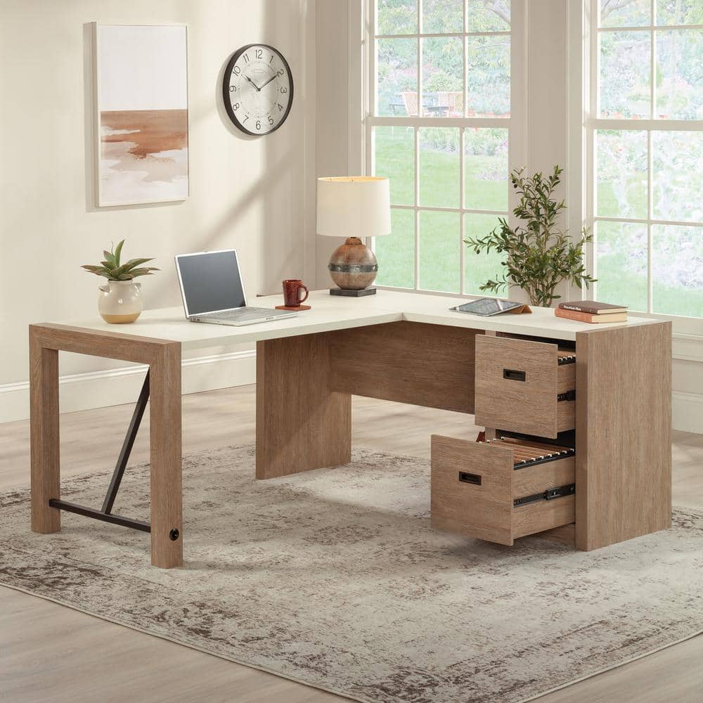 Pebble White and Brushed Oak L-Shaped Desk with Filing Cabinet