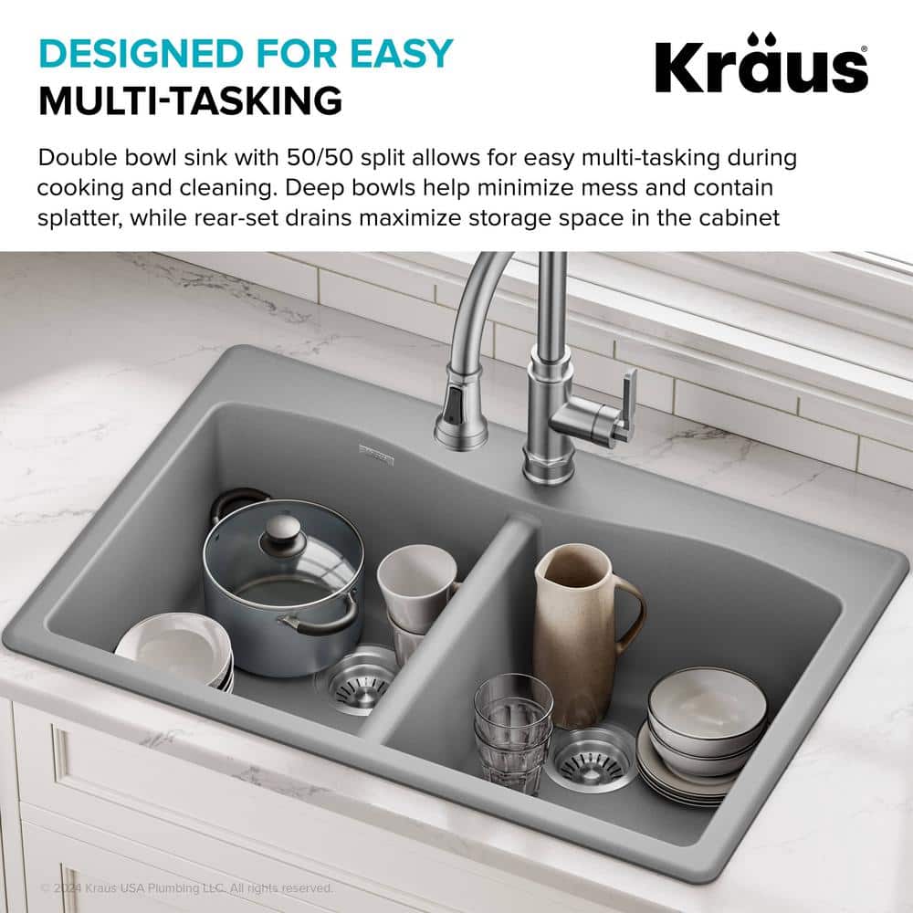 Gray Granite Dual Bowl Drop-In Kitchen Sink with Accessories