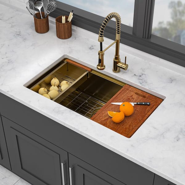 30 in. Undermount Single Bowl 16 Gauge Gold Stainless Steel Kitchen Sink with Workstation