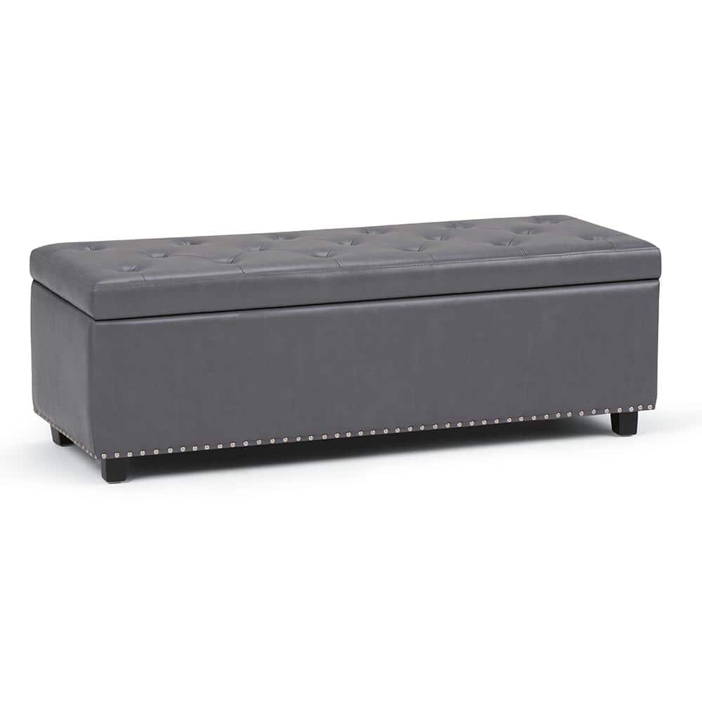 Elegant Stone Gray 48" Wooden Storage Bench Ottoman with Nailhead Trim