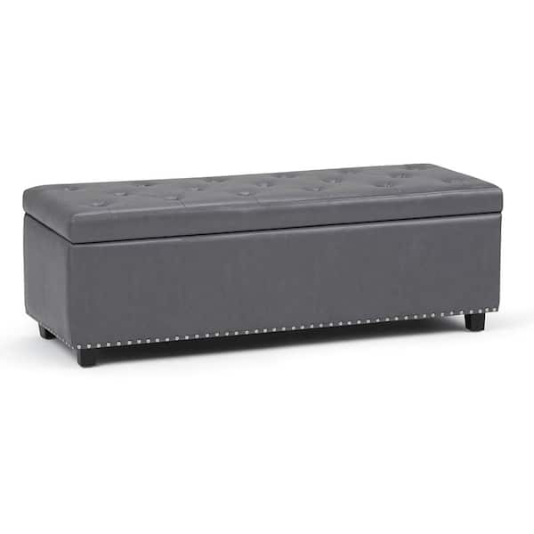 Simpli Home Hamilton 48 in. Wide Transitional Rectangle Storage Ottoman in Stone Grey Faux Leather