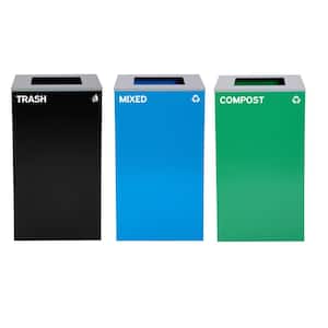 87 Gal. 3-Stream Steel Square Open Top Outdoor Trash Can and Recycling and Compost Bin Station in Black, Blue, and Green