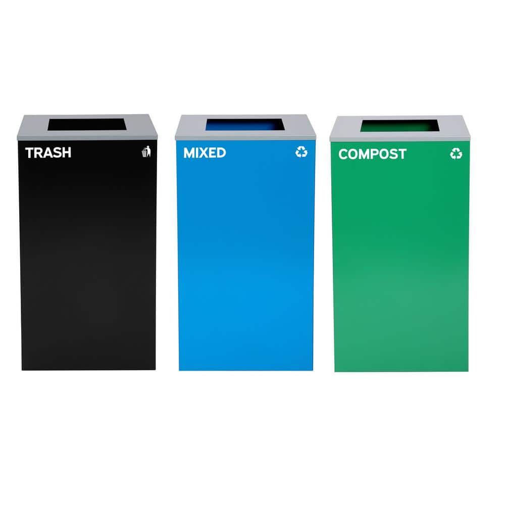 87 Gal. 3-Stream Steel Square Open Top Outdoor Trash Can and Recycling and 