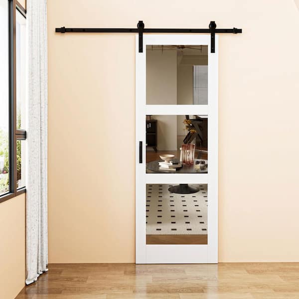 30 in. x 84 in. 3-Lite Mirrored Glass White Finished Solid Core MDF Barn Door Slab with Barn Door Hardware Kit