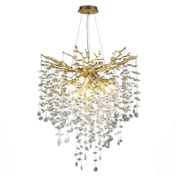 24 in. 8-Light Adjustable Chandelier with Crystal Decoration, Modern Gold Kitchen Island Chandelier, for Living Room
